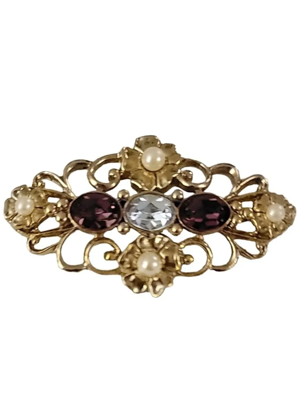 1928 Brand Gold Tone Victorian Style Glass Rhinestone Flower Brooch Pin K530
